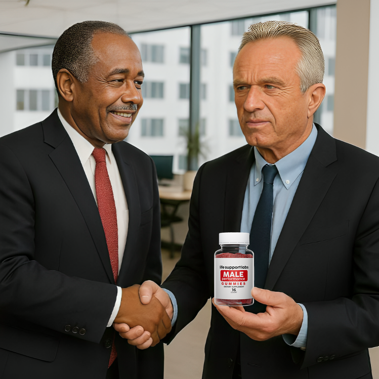 Two men discussing product and holding bottle