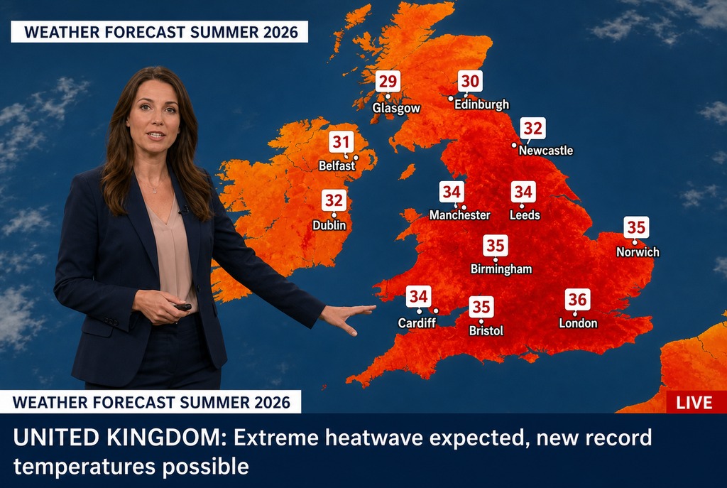 Weather report showing an extreme heatwave forecast for summer 2026